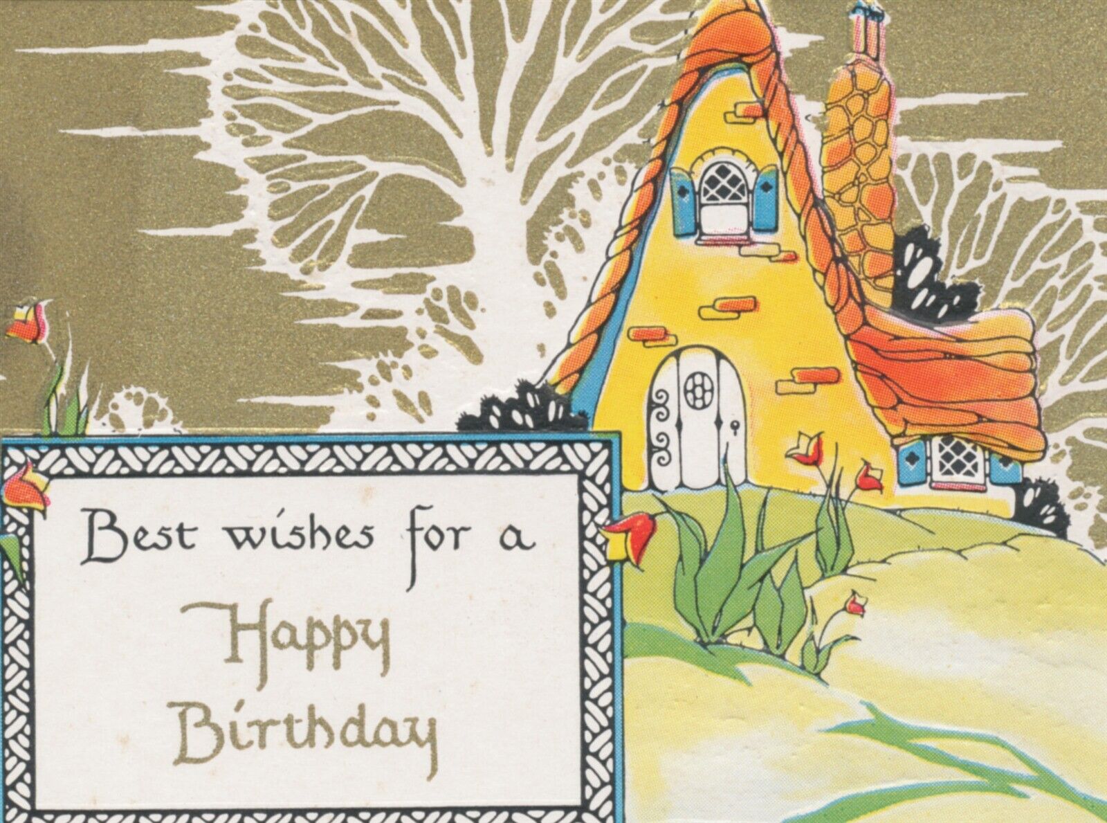 Wishes For A Happy Birthday c1920s-30s Postcard Funky House Golden Background