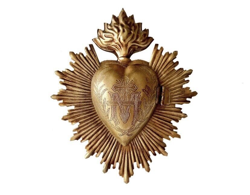 Sacred Heart, Milagro Heart, Antique Gold Heart Box, Catholic Heart, Prayer Box