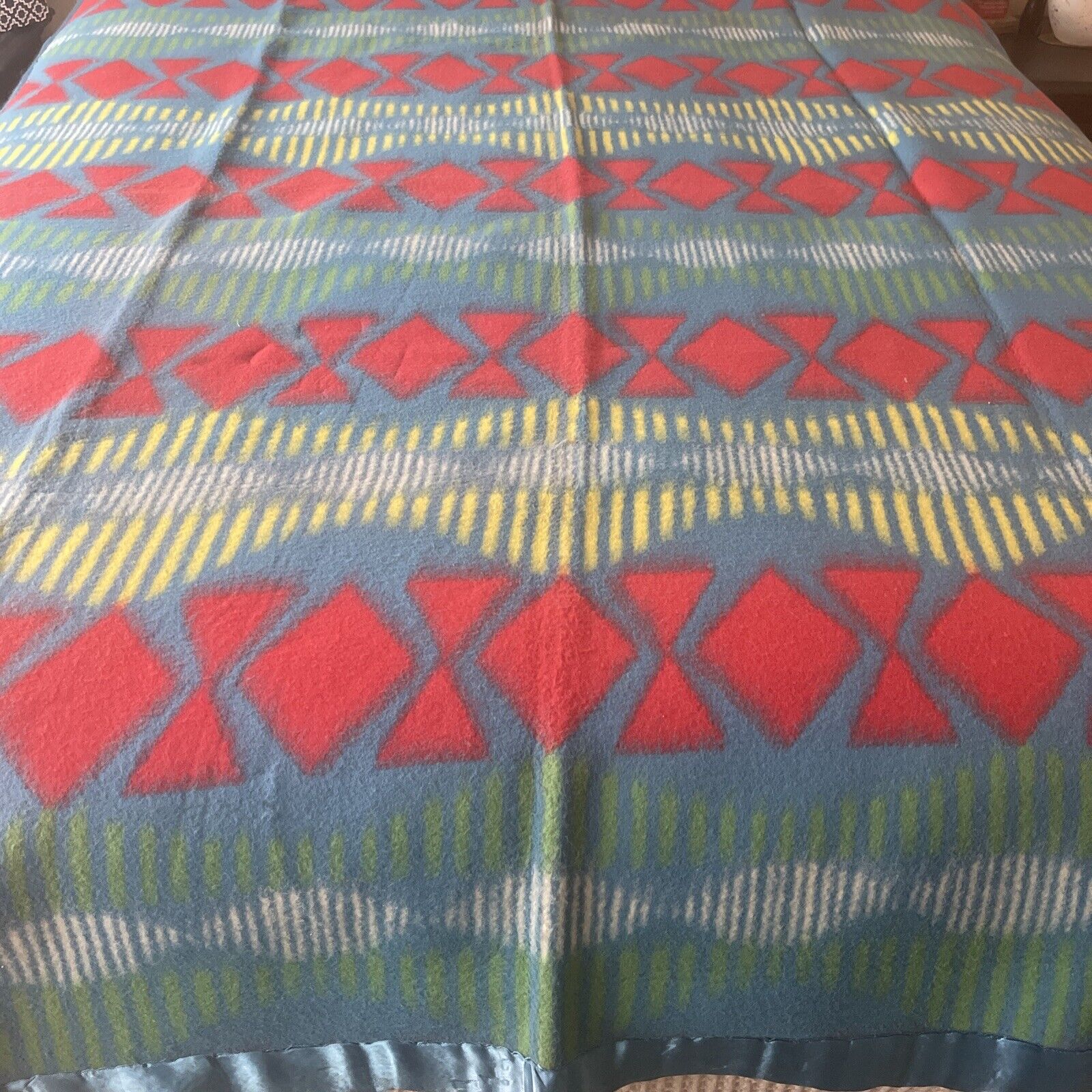 Vintage Multi Color Tribal Acrylic Blanket Blue Silky Binding 64”x 84” Single.