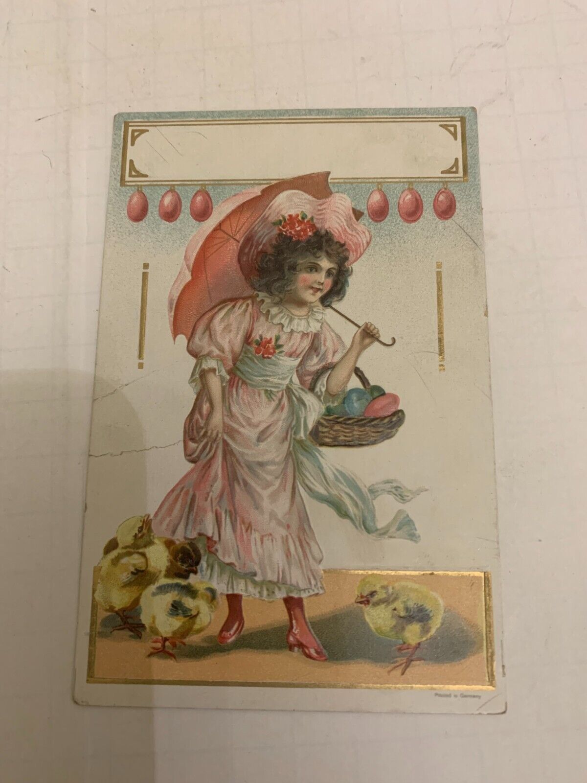 c.1910 Easter Greetings Embossed Postcard Victorian Lady Basket Eggs & Chicks