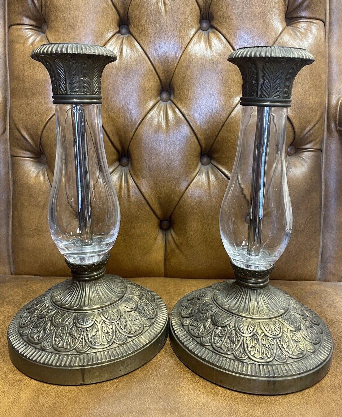 Pair of Antique French Hurricane Glass And Brass Candlesticks Holder