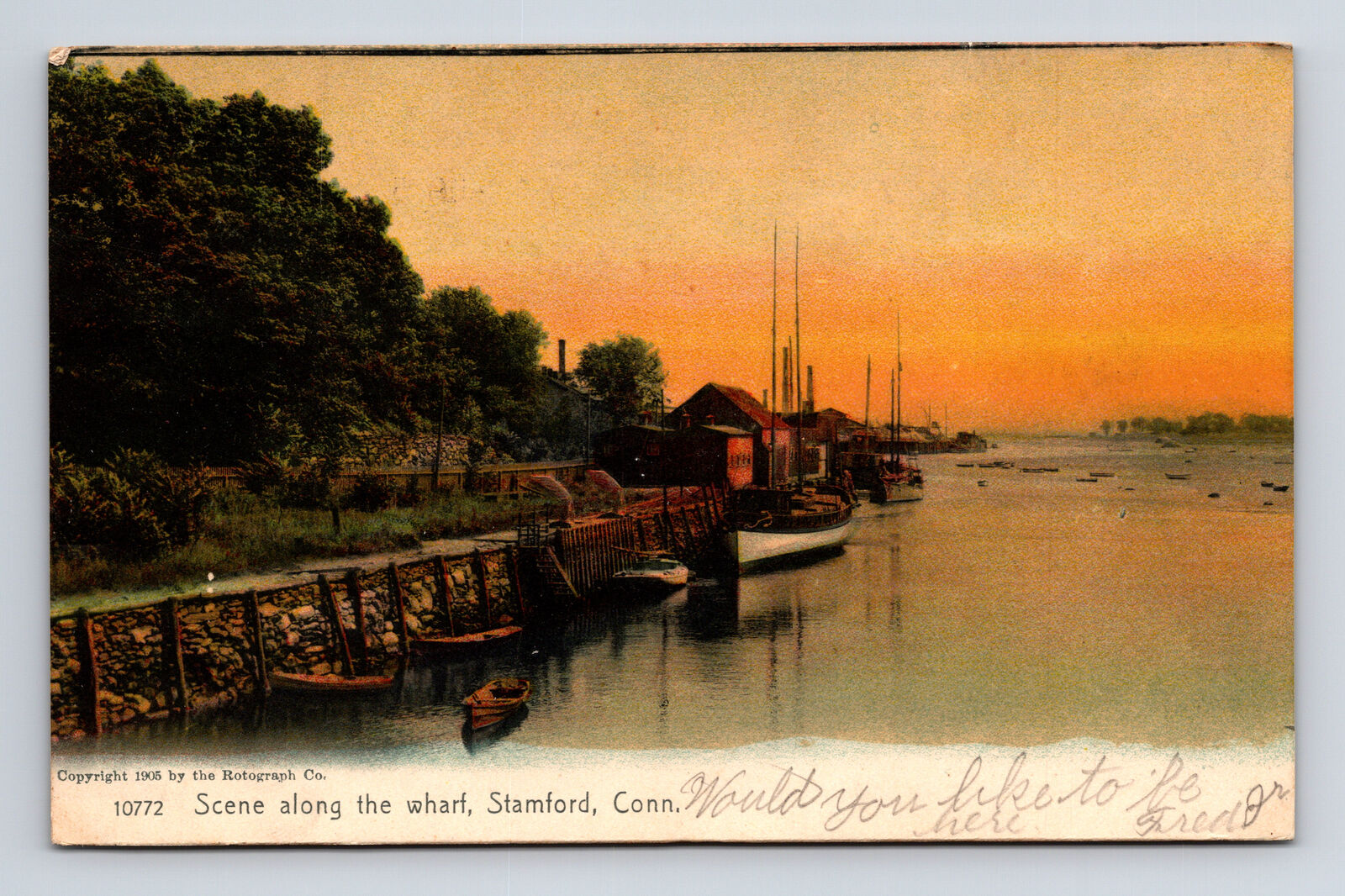 Scene along the Wharf Harbor at Stamford Connecticut CT ROTOGRAPH Postcard