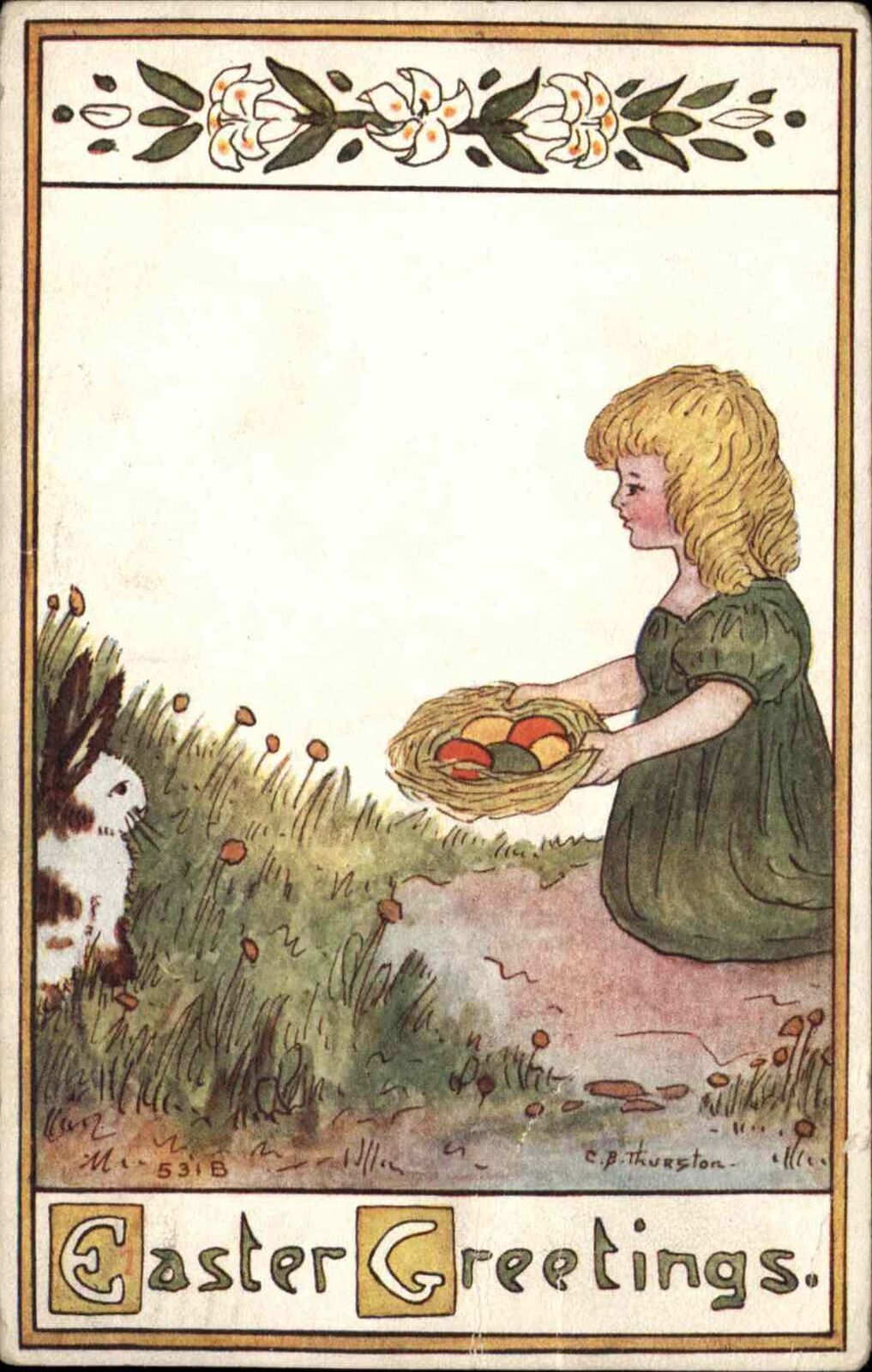 Thurston Easter No. 531B Little Girl Colored Eggs Rabbit c1910 Vintage Postcard