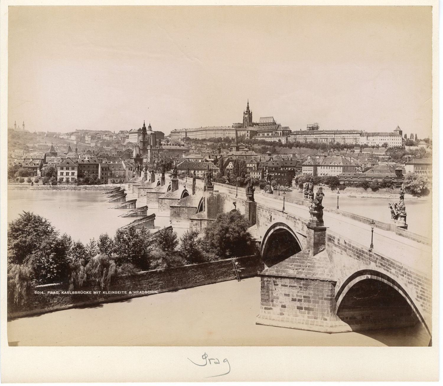 Prague, Charles Bridge with small side & Hradshin vintage albums print. Draw al