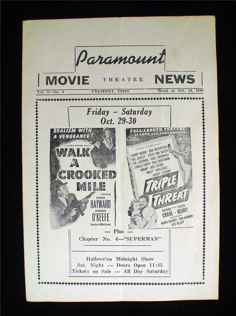 1948 Fremont Ohio Movie Folder Schedule Halloween at Paramount Theatre