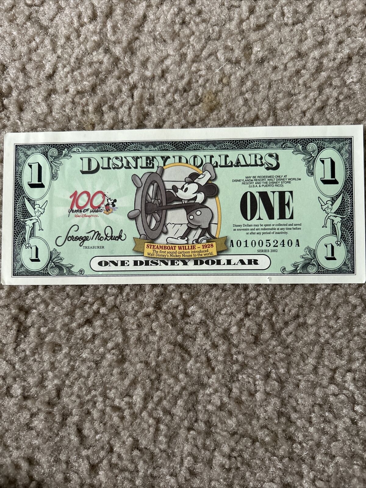 DISNEY DOLLAR, 2002, STEAMBOAT WILLIE, UNCIRCULATED (Pin Hole Damage)