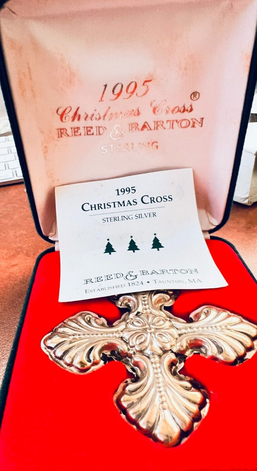 Signed sterling Reed & Barton 1995 Christmas Cross tree ornament, box, paper