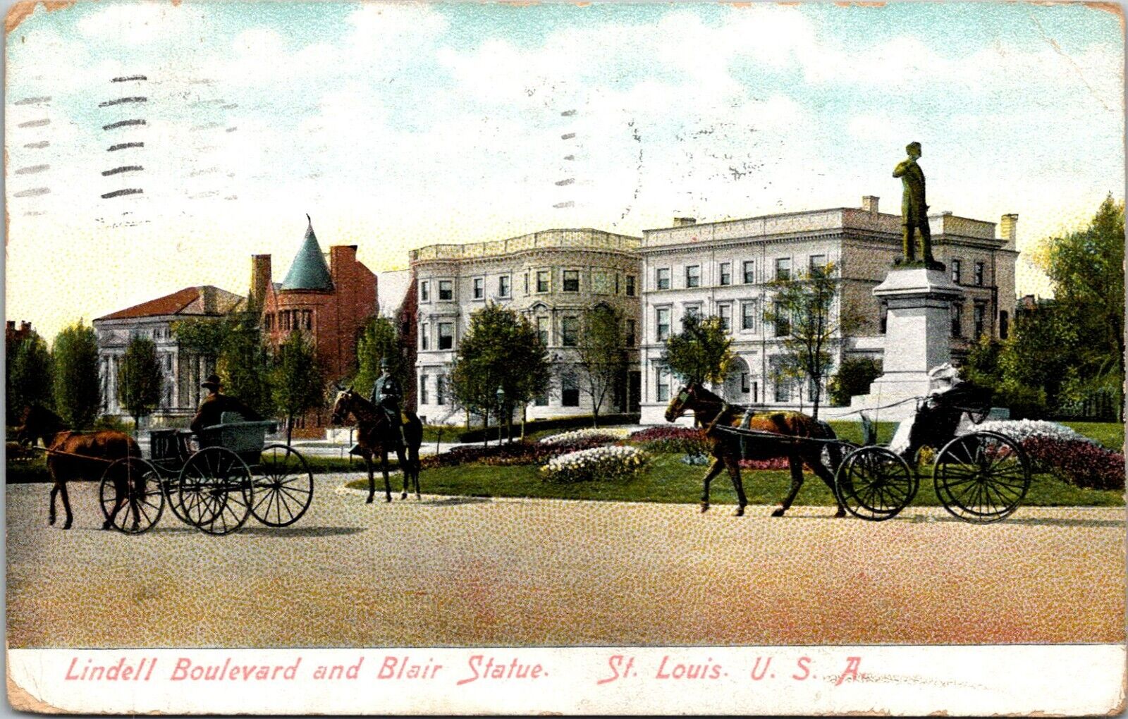 St. Louis, Missouri Lindell Boulevard & Blair Statue Antique Postcard 1908 Post