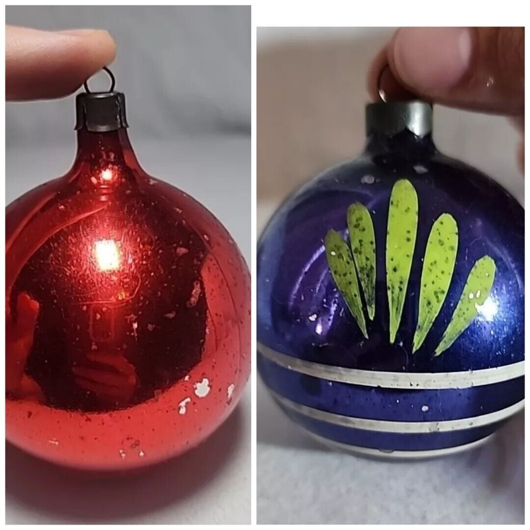 Set Of 2 Vintage Red Mercury  And Dark Blue Glass Ornament Balls Germany USA