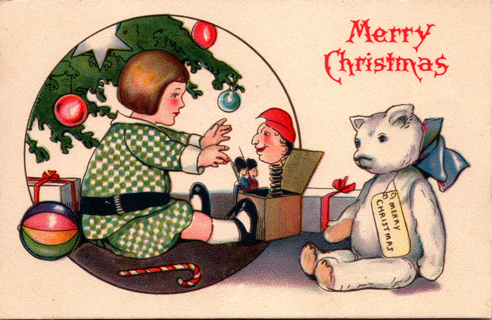 Vintage C 1922 Merry Christmas Greetings Postcard Little Girl Playing Teddy Bear