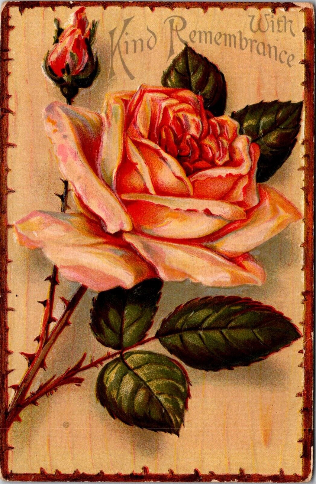 In Kind Remembrance, Beautiful Embossed Rose c1912 Vintage Postcard Q41