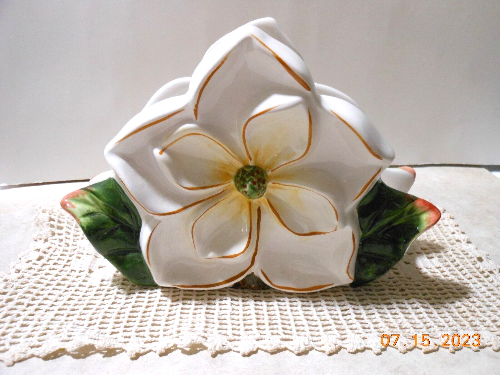 Vintage 1997 Ceramic Magnolia Napkin Holder 3D Raised Relief Design L@@K