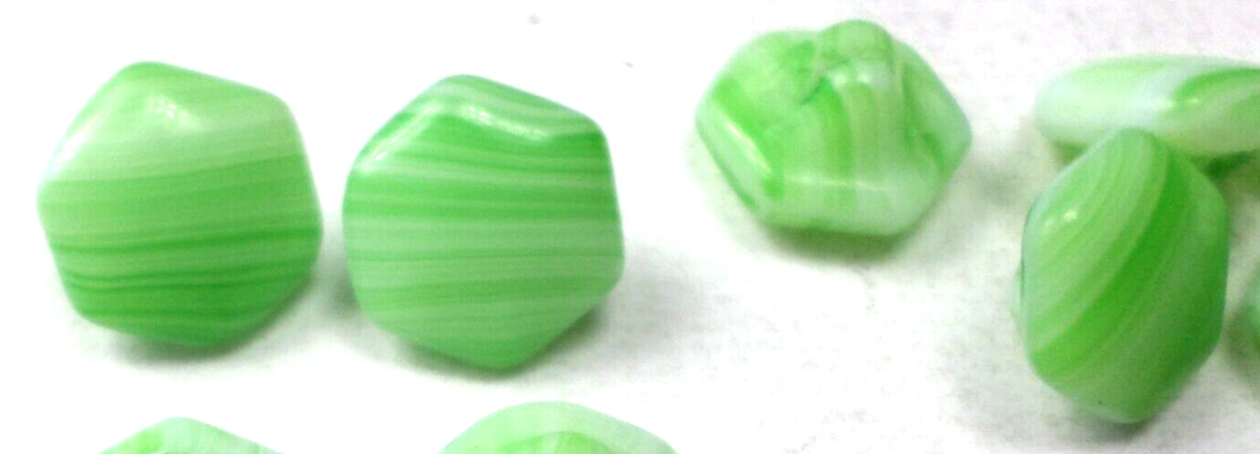 16 Antique Czech Green w/White Stripe Hexagon Glass Buttons 12x12mm 1/2” 20L