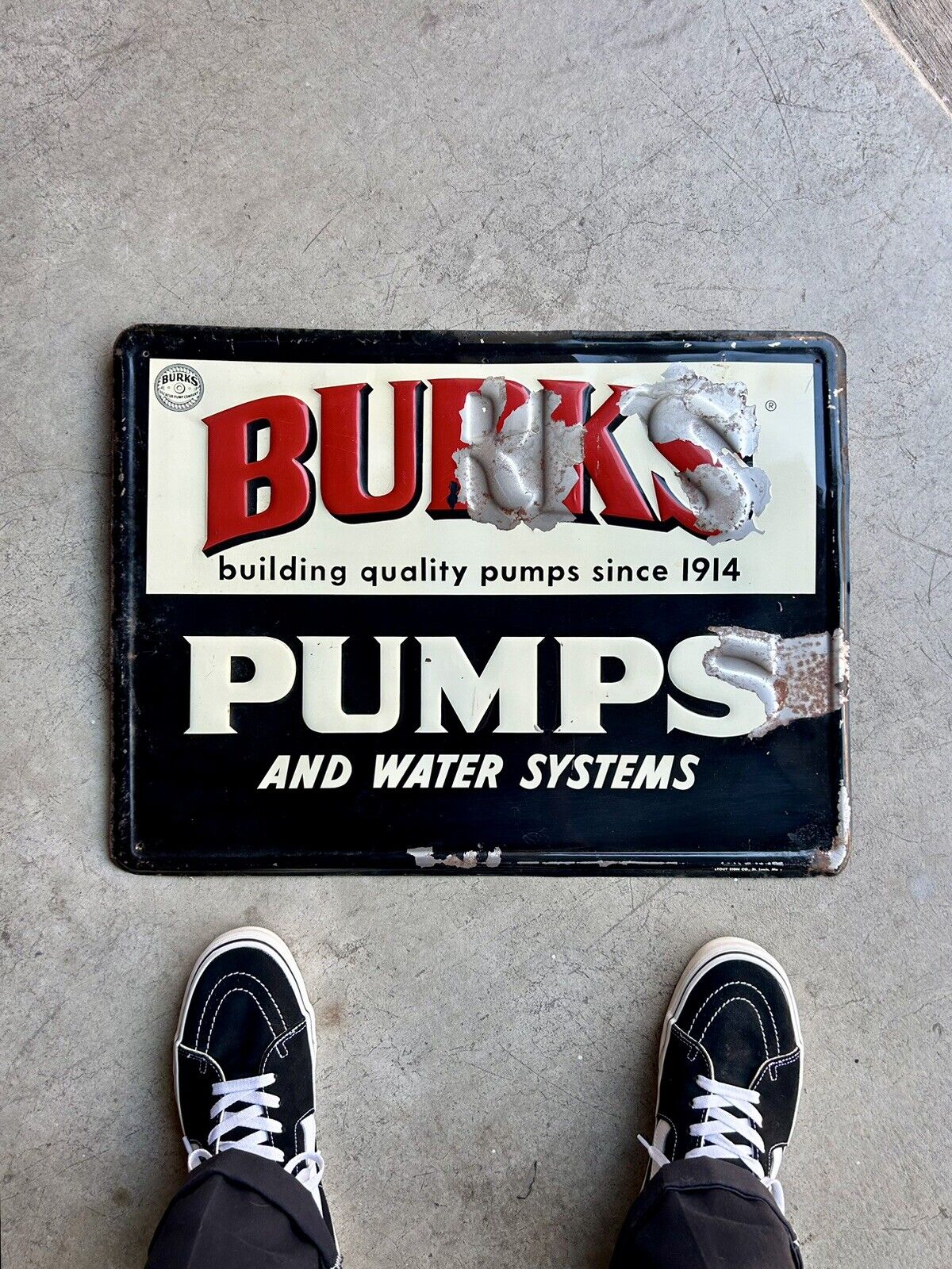 Vintage 1950’s Burks Pumps Metal Tin Sign