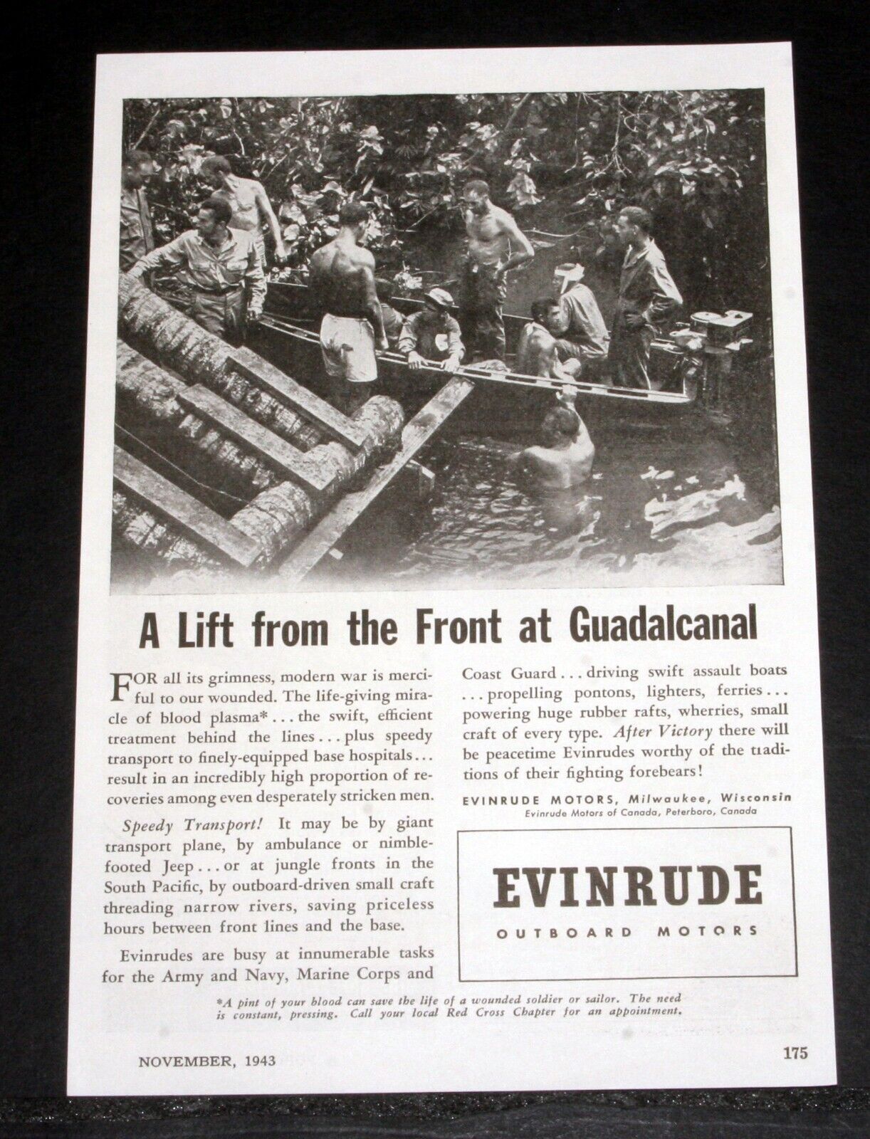 1943 OLD MAGAZINE PRINT AD, EVINRUDE OUTBOARD MOTORS, ON THE FRONT, GUADALCANAL