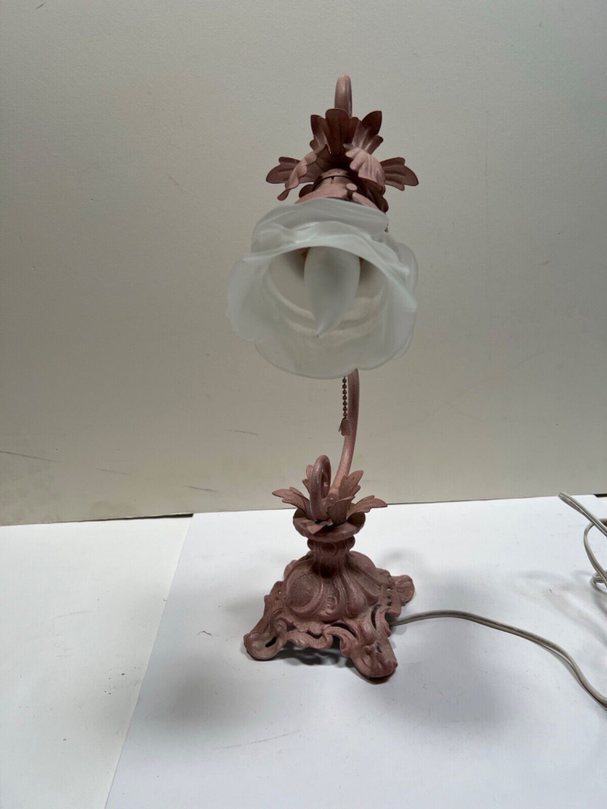 vintage cast iron pink metal base lamp with floral frosted glass shade