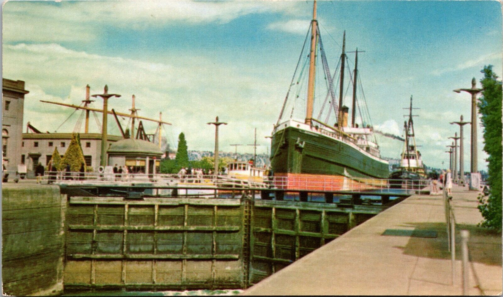 Seattle Washington WA Ballard Locks Ship Union Oil Postcard