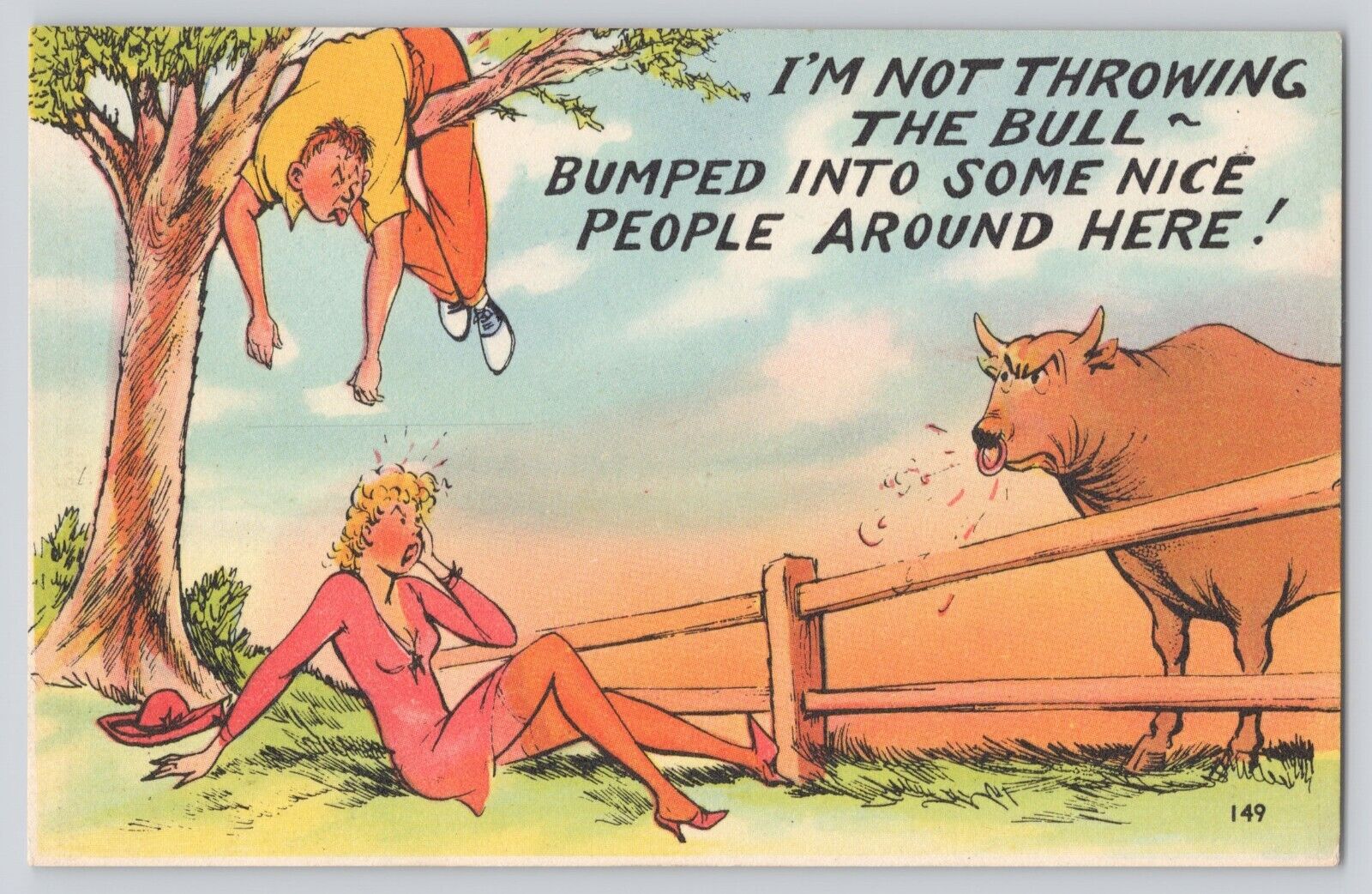 Postcard Comic Angry Bull Throwing Man In Tree & Lady 1940s Vintage Unposted