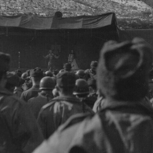 3P Photograph View From Large Crowd Backs USO Stage Performance 1940's