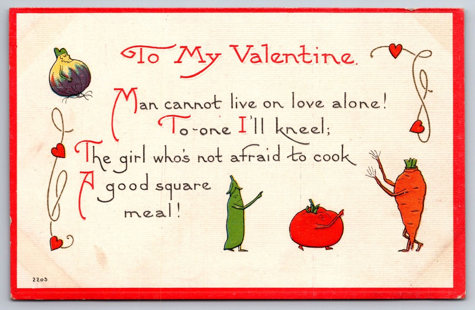 Valentine Fantasy Face Veggies~Man Can\'t Live On Love Alone~Needs Cook~Red~1910