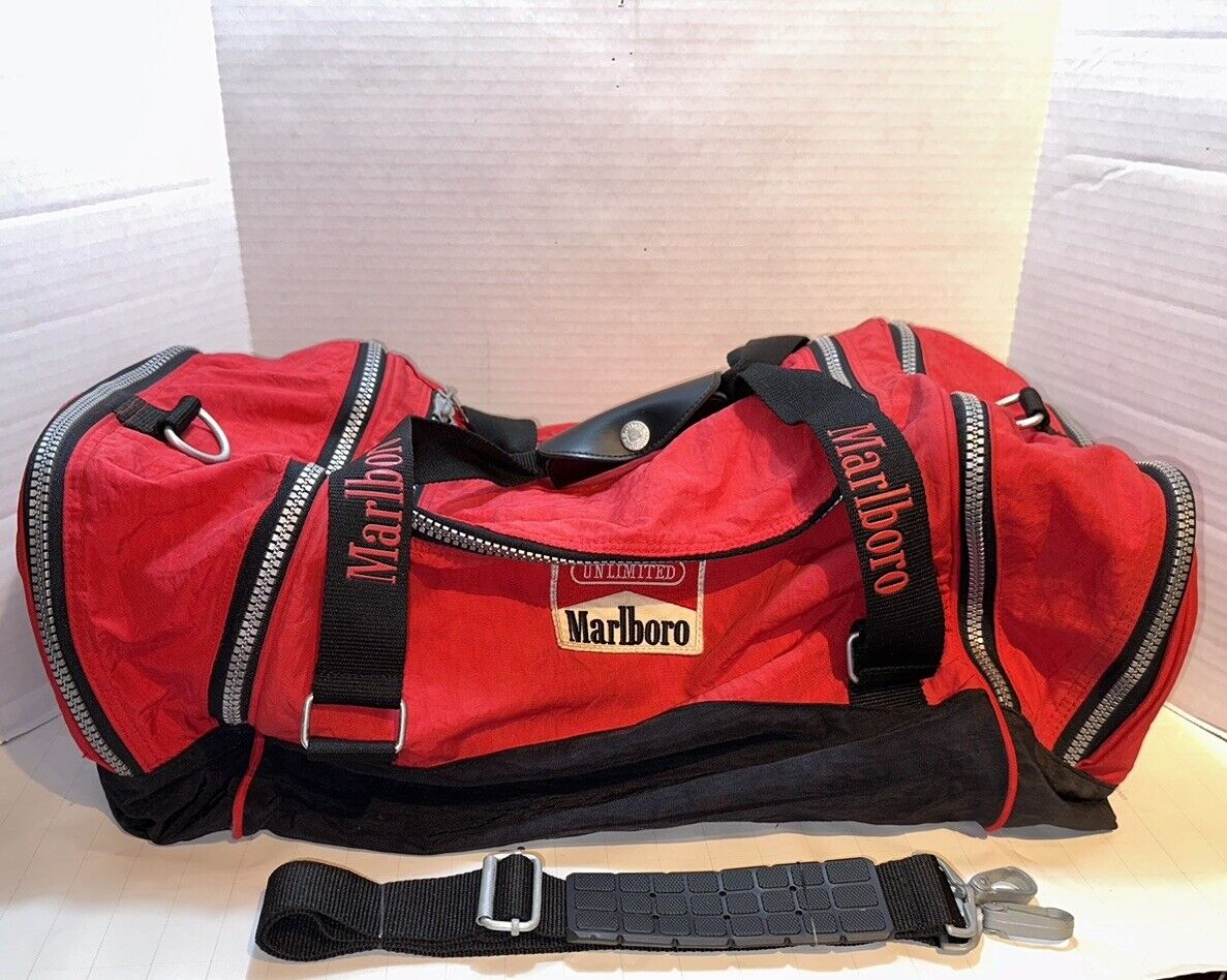 Vintage 1990s Marlboro Red Duffle Travel Bag Gym Luggage With Crossbody Strap