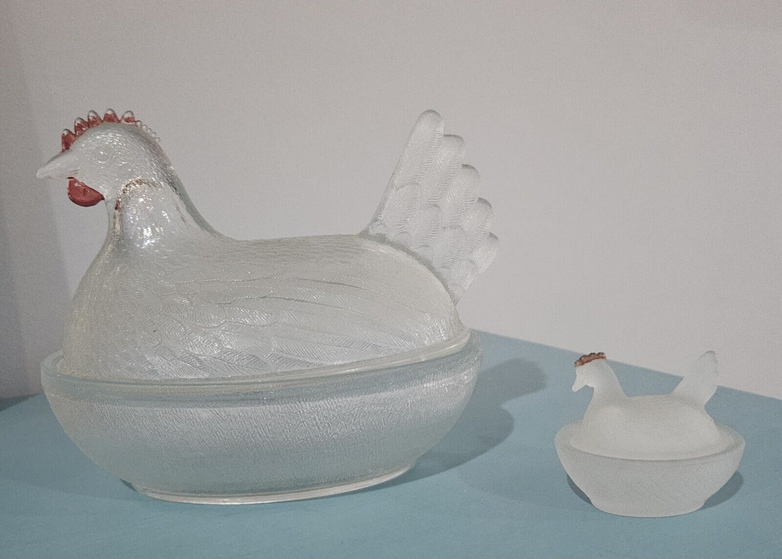 Vintage Hen On Nest Candy Dish & Salt Cellar Hen Frosted Glass With Red Comb