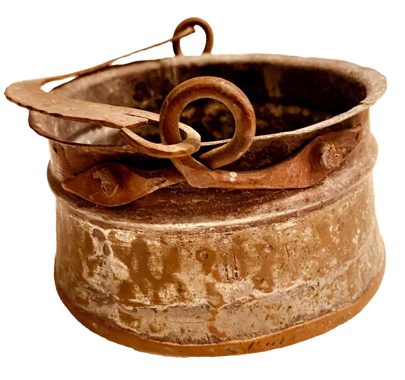 Primitive Antique Hand Forged Copper Pot Cauldron Dovetail Snake Handle Hammered