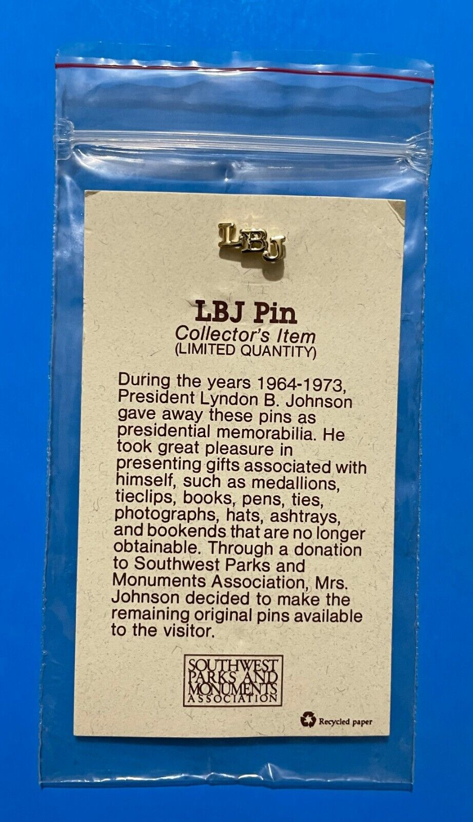 President Lyndon B. Johnson LBJ Initials Collectors Gold Tone Lapel Pin Campaign