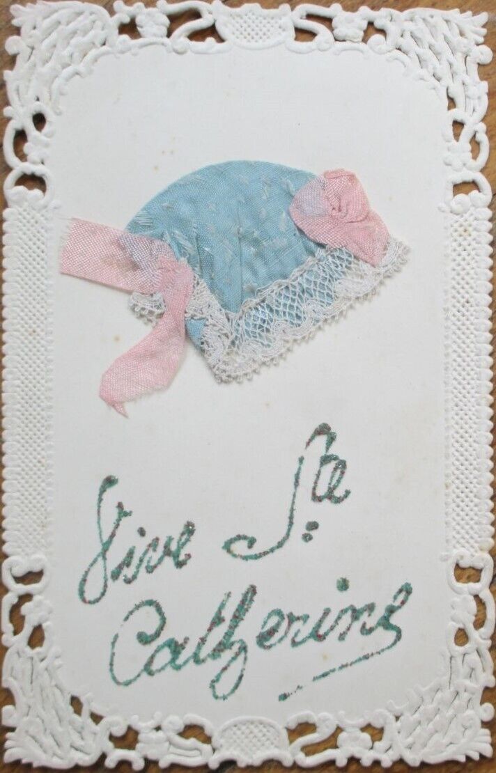 Silk Bonnet 1910 Novelty French Fantasy Postcard, Applied Blue Hat, White Lace