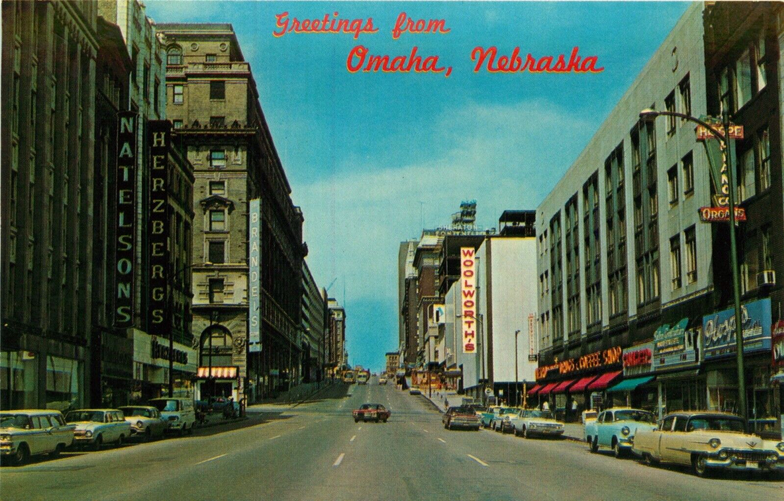1950s, 1960s Cars, Omaha, Nebraska Looking West, Douglas Street Vintage Postcard