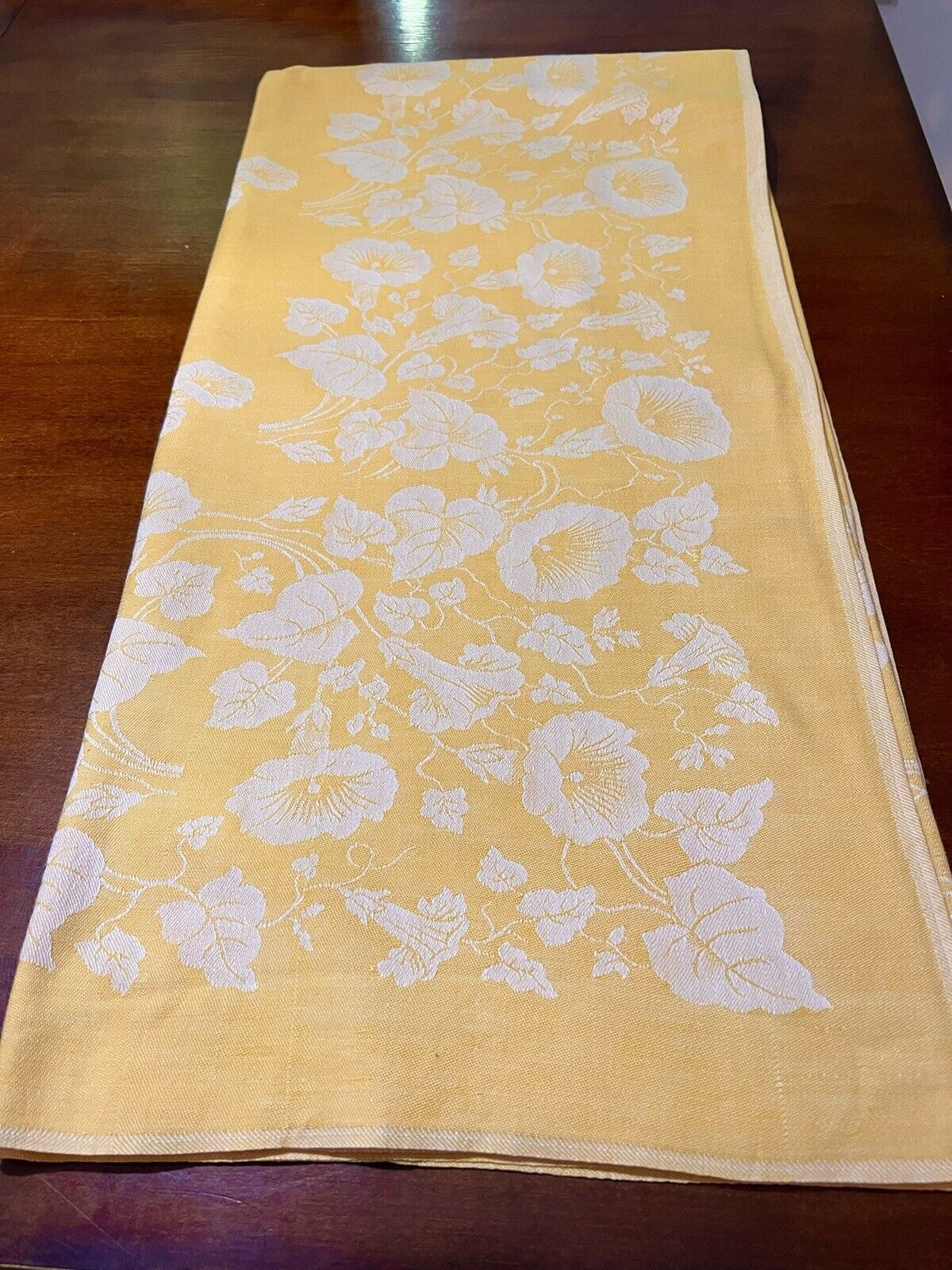 Vintage apricot damask tablecloth morning glories and vines.  56” Sq. cottage