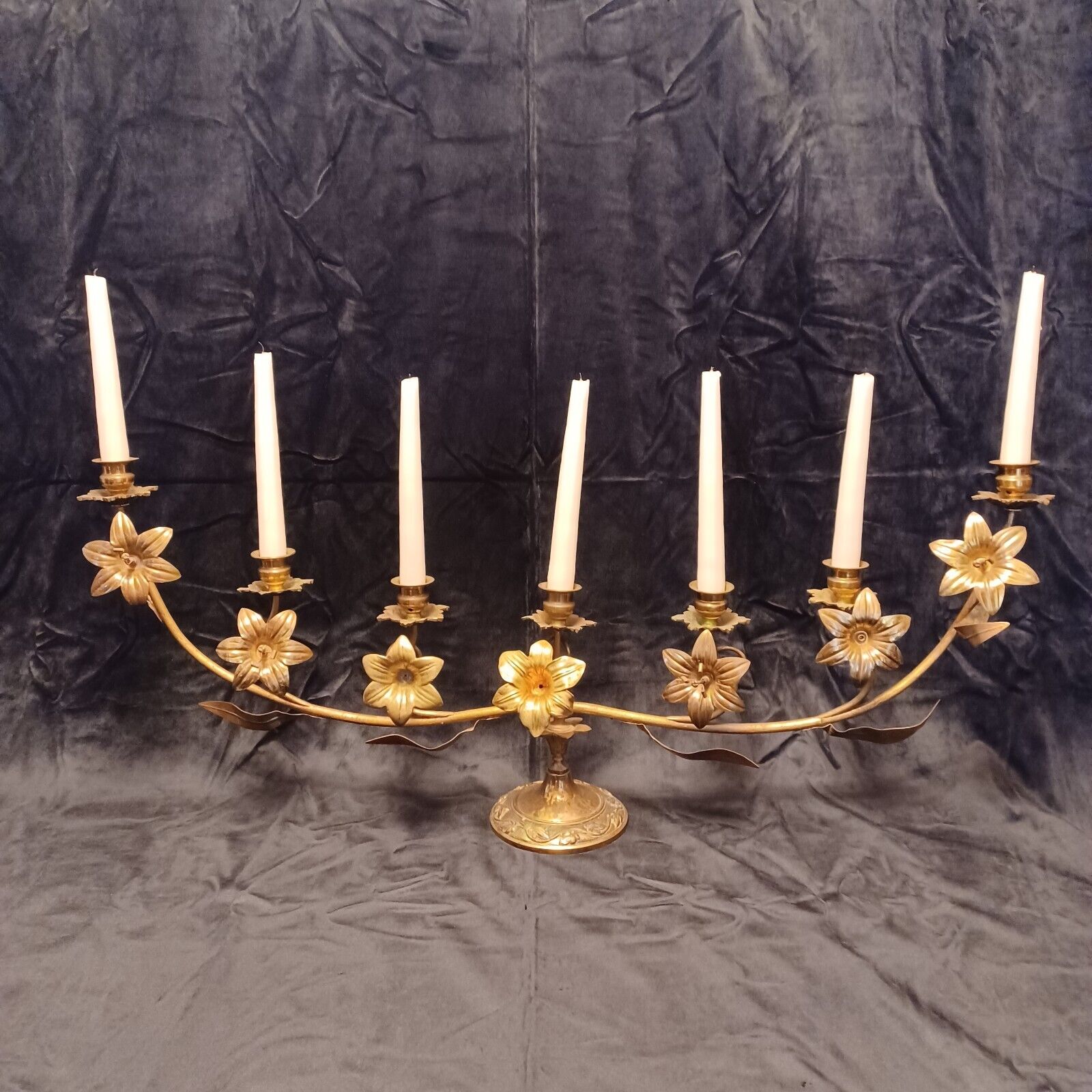 1890s French Church Ormolu Gilt Brass Lily 7 Candle Altar Candelabra 