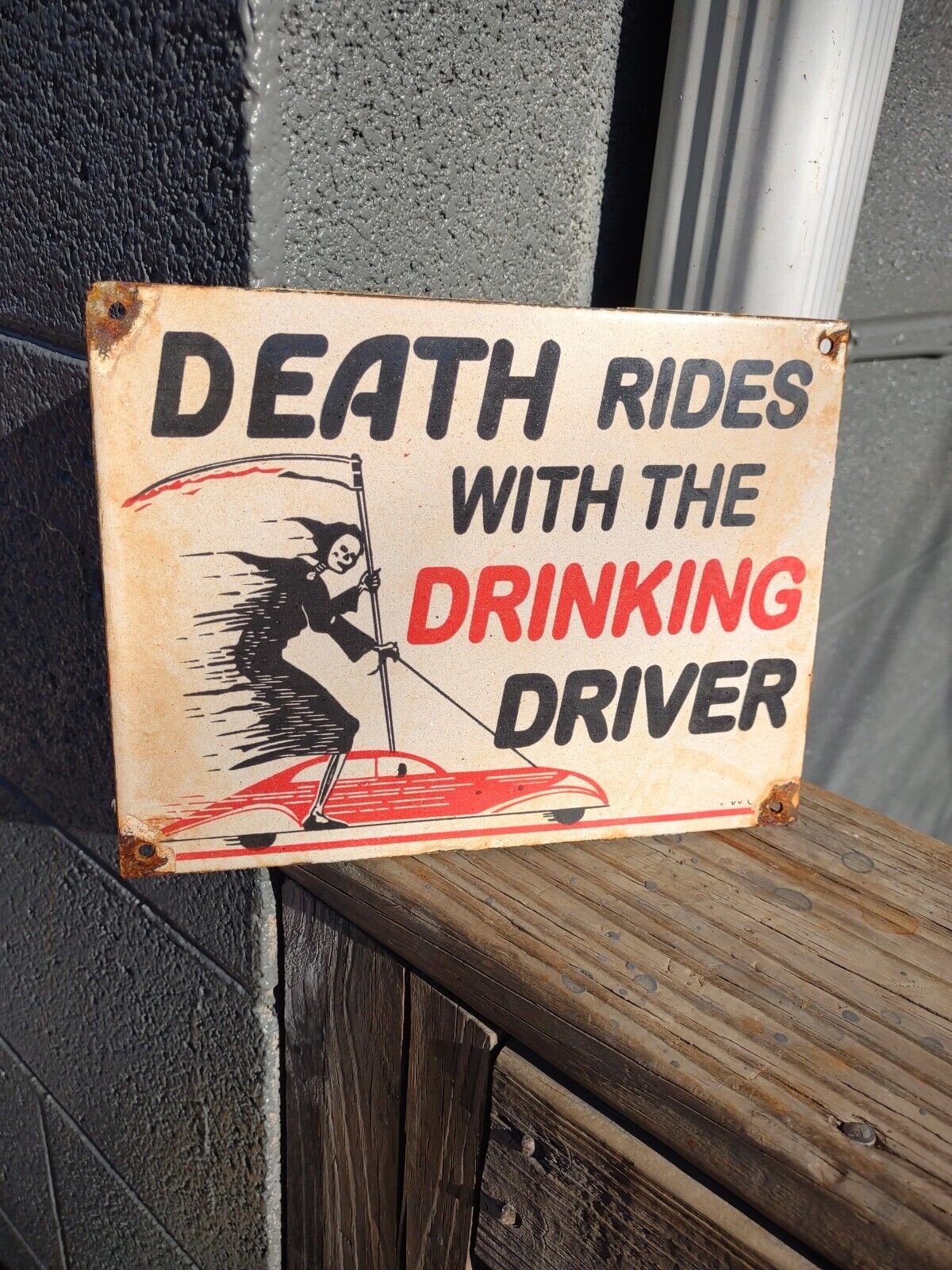 WALL OF DEATH RIDES DRINKING MOTORCYCLE PORCELAIN SIGN CIRCUS INDIAN SKULL BIKE