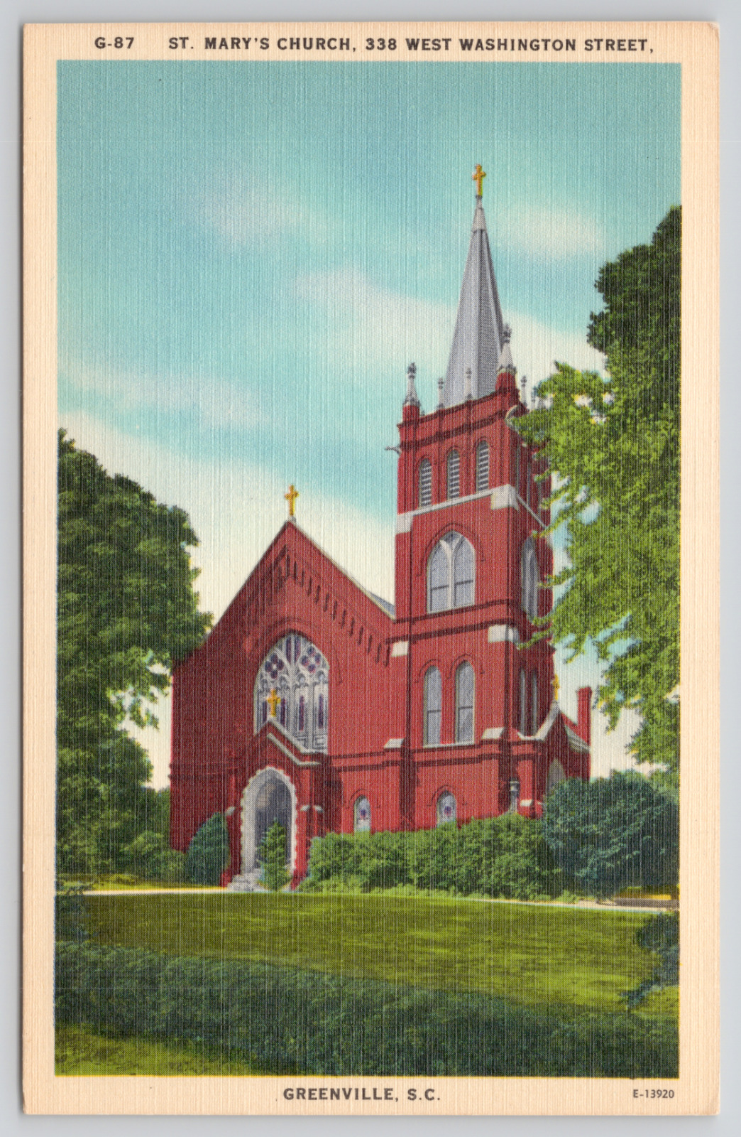 Greenville South Carolina St Mary\'s Church Linen Postcard HAS A BEND DOWN CENTER