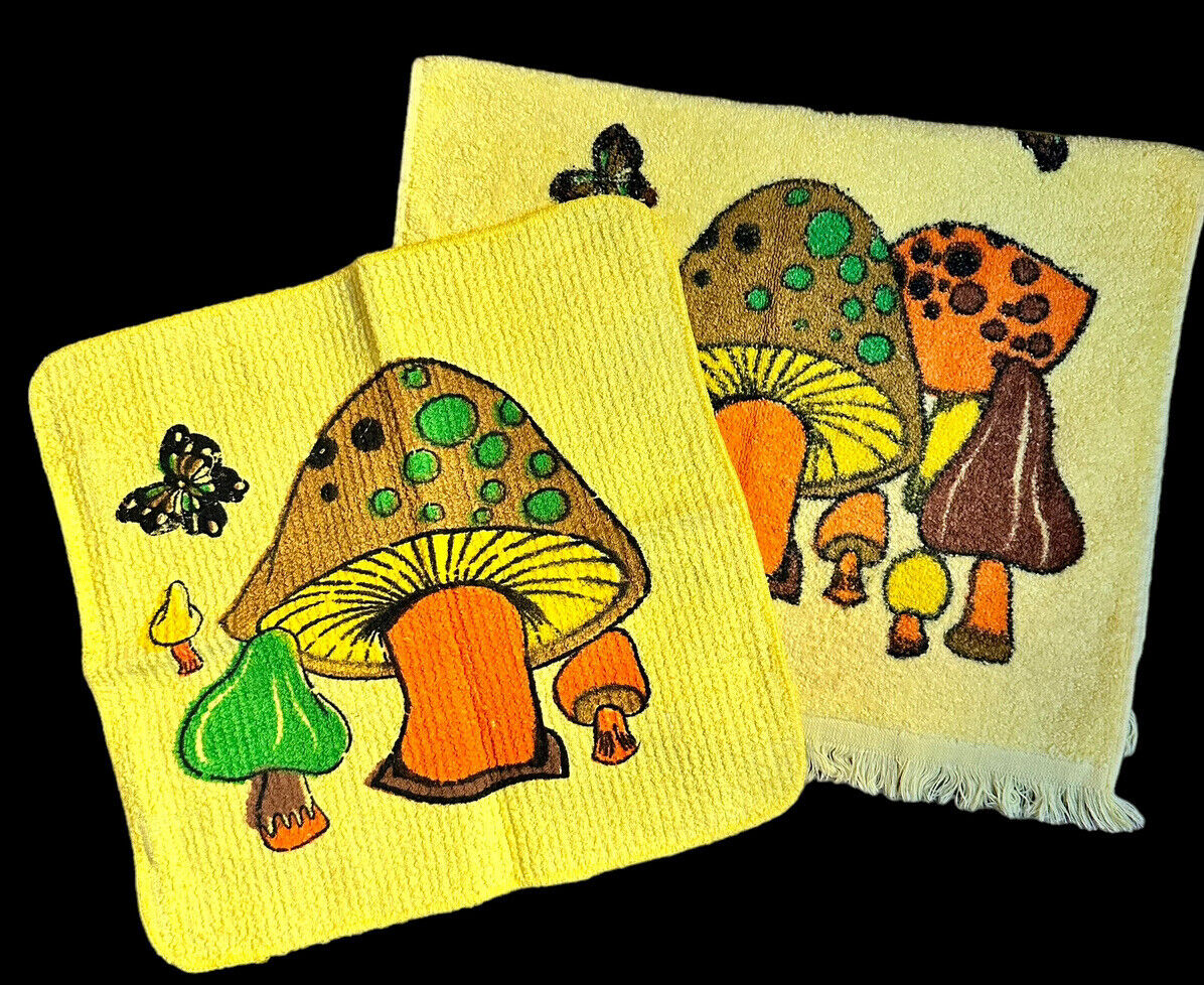 Vtg 1960s/70s Cannon Merry Mushroom Butterfly Yellow Hand Towel & Washcloth Set