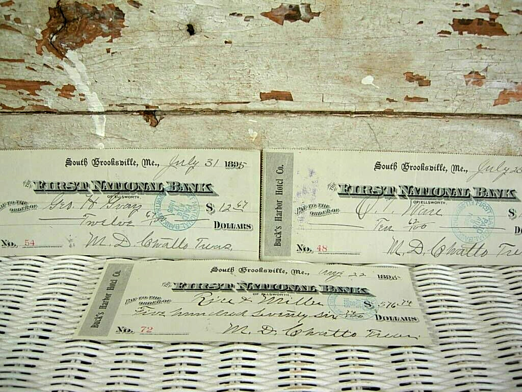 Three Checks First National Bank South Brooksville ME 1895 Buck\'s Harbor Hotel