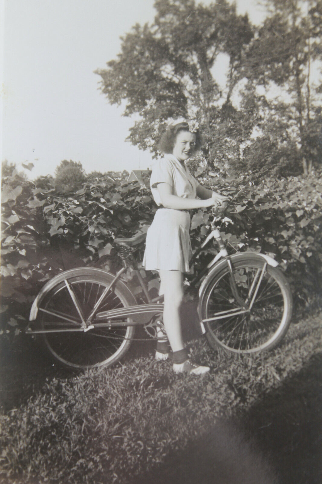 1940s Pretty Young Woman Poses w/ Bike Bicycle Vtg Found Photo B&W #310