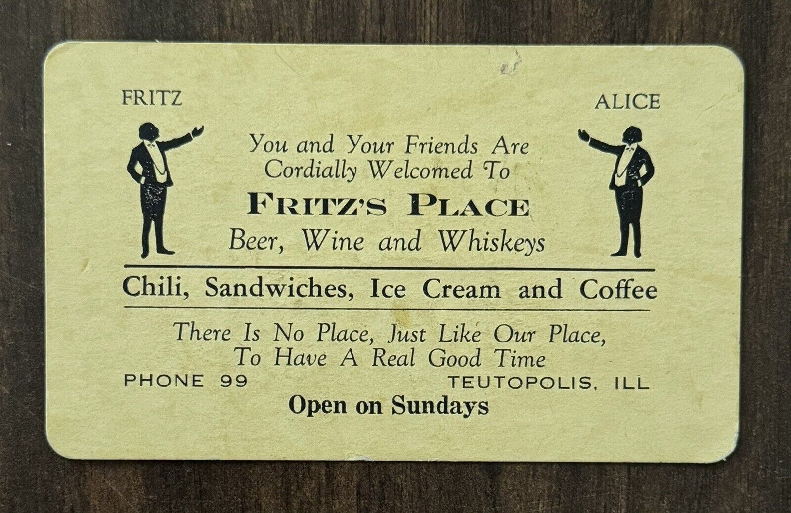 Vintage Teutopolis, Illinois Advertising Trade Card Fritz’s Place Restaurant