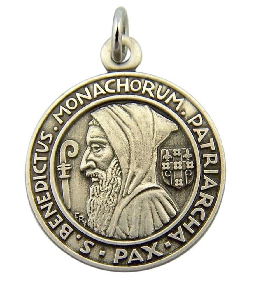 Saint St Benedict Profile Medal 3/4 Inch Sterling Silver Evil Protection Pendant