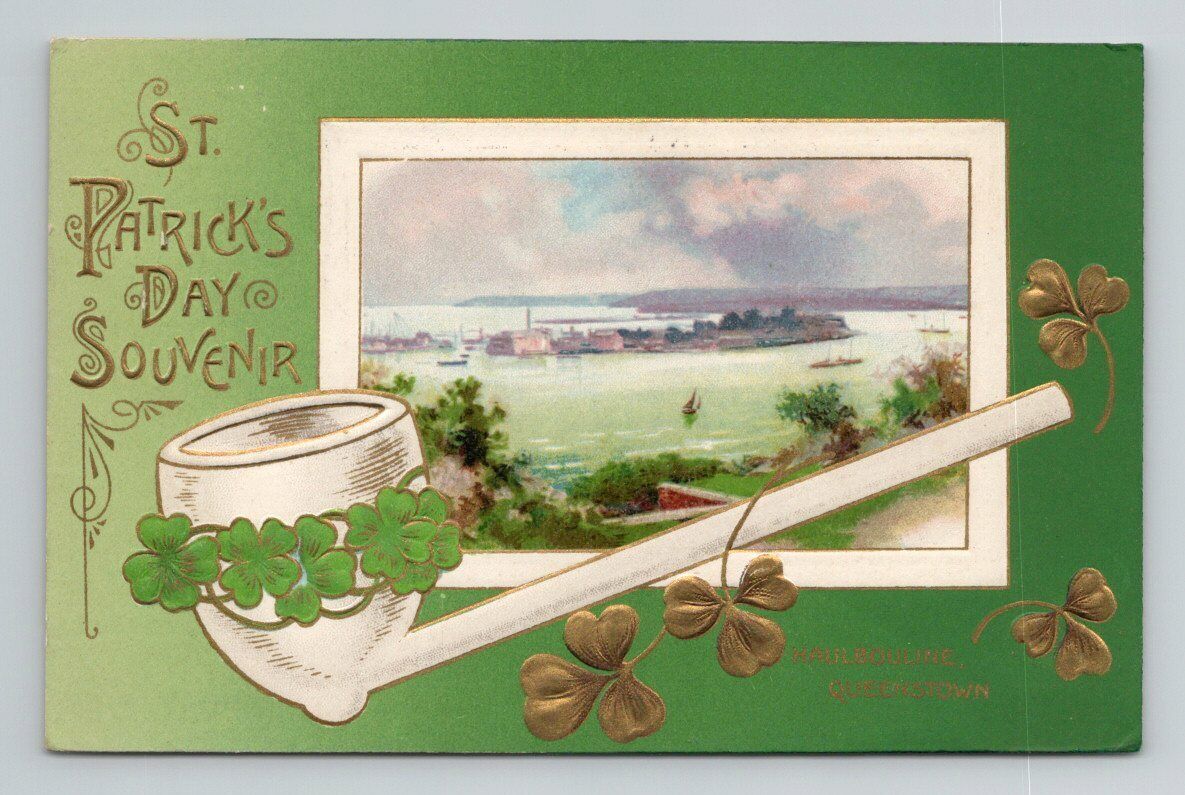 ST PATRICK\'S DAY Haulbowline Queenstown Embossed Vintage Postcard $C