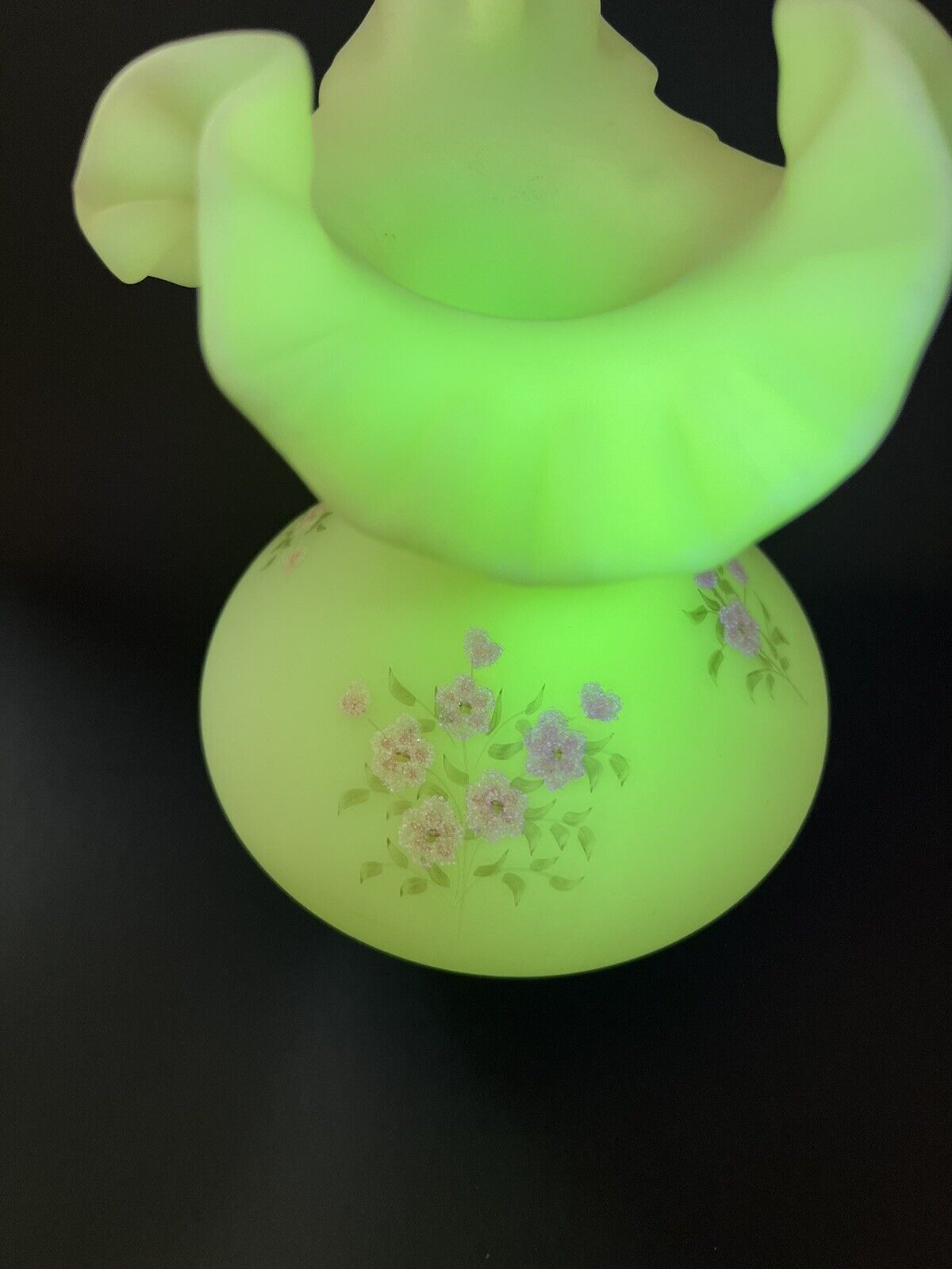 Vintage Fenton Burmese Uranium Custard UV Glow Art Glass Vase HandPainted Signed