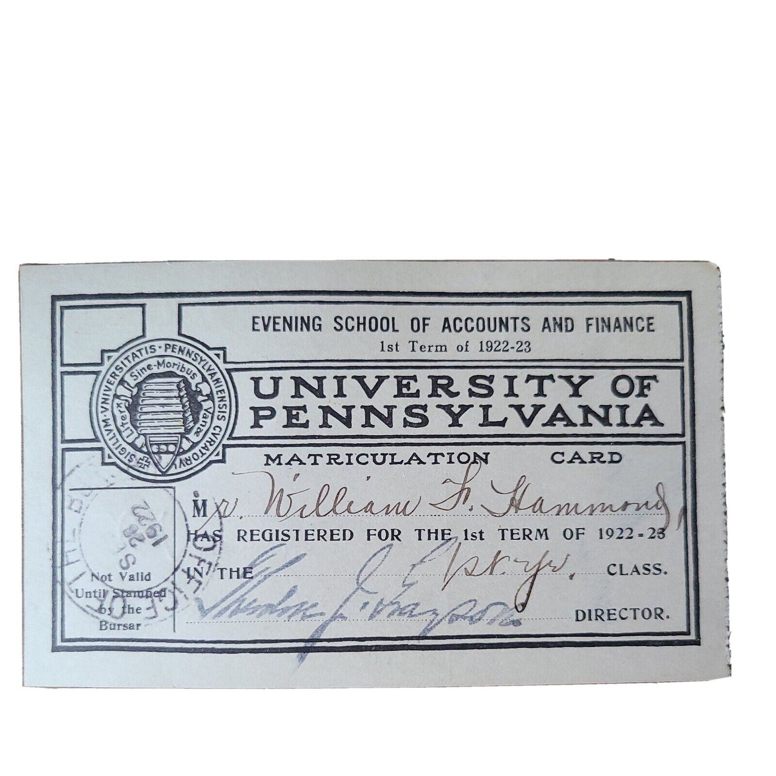 1922 University of Pennsylvania Ivy League Matriculation Card ~ 100 Years Old