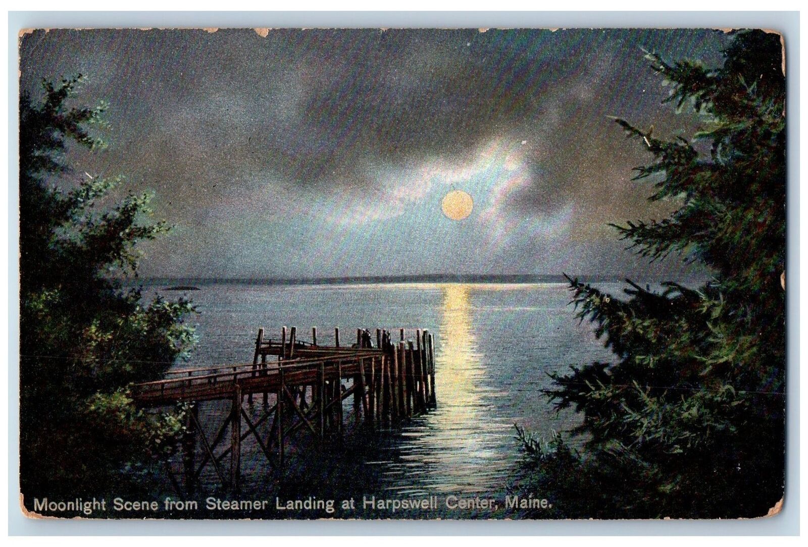1909 Night Scene Steamer Landing Rustic Bridge Harpswell Center Maine Postcard