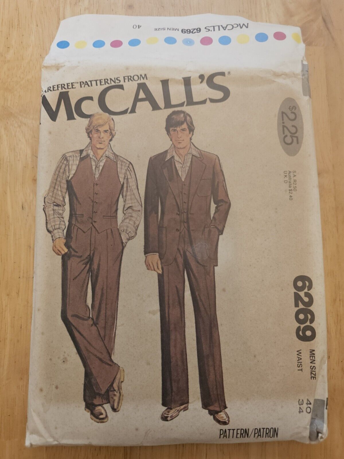 McCall\'s 6269 Vintage 1978 Men\'s 3-piece Suit Chest 40 Waist 34 UNCUT