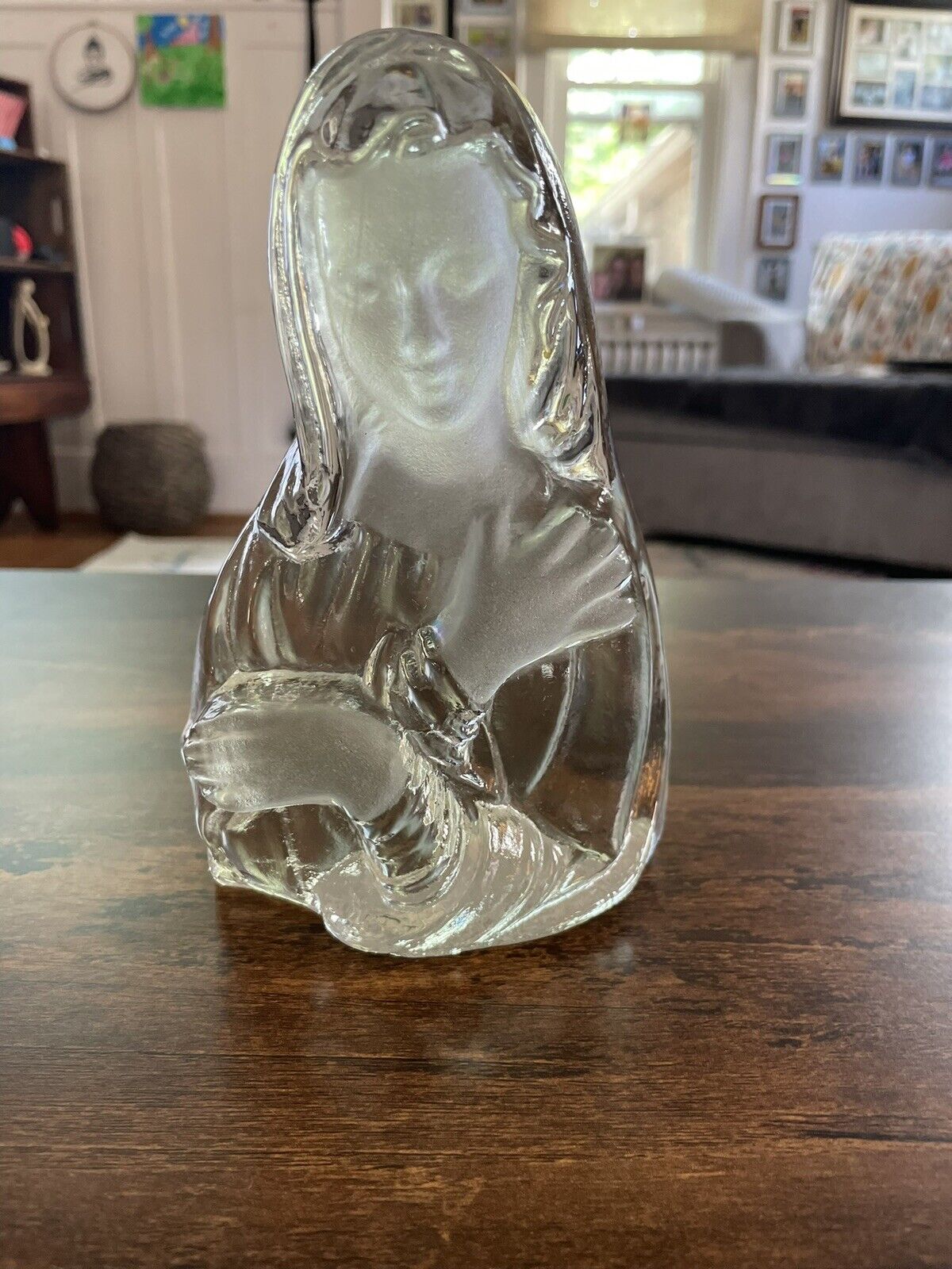 Vintage Viking Art Glass Madonna Virgin Mary Figurine Paperweight Bookend Label