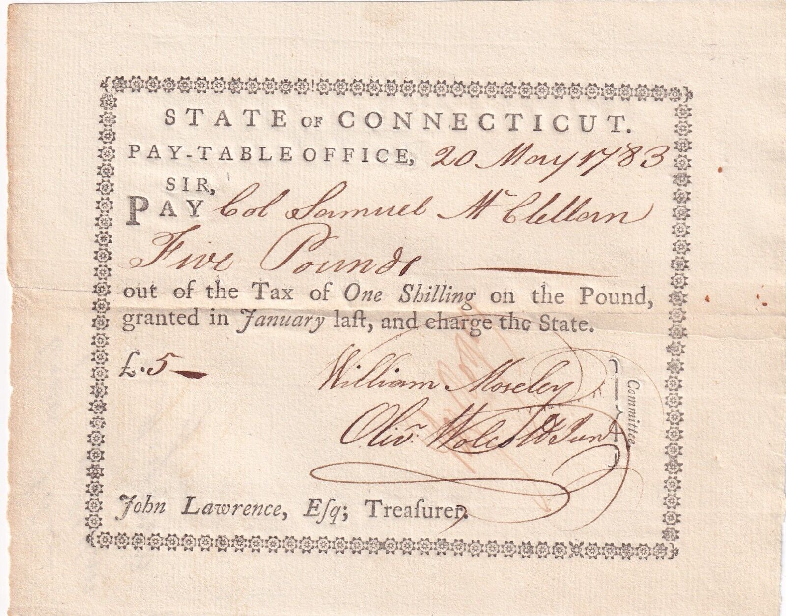 Revolutionary War Pay Doc Sam McClellan 1783 sgd by Oliver Wolcott Jt (55781)