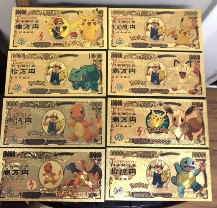 24k Gold Foil Plated Pokemon Banknote Set Anime Collectible