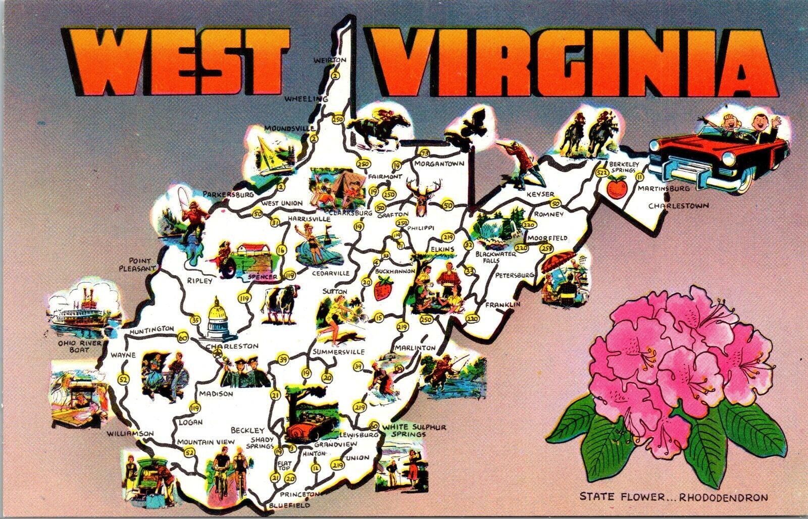 Famous Attractions Map of West Virginia Vintage Postcard