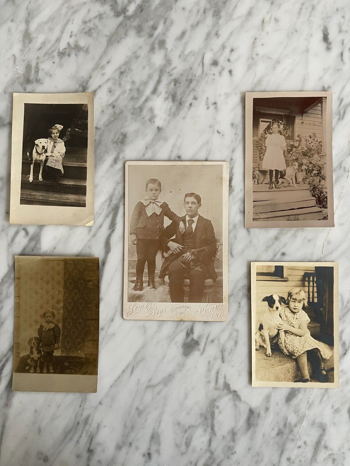 5 (Five) Antique Photos Kids With Dogs RPPC Antique Snapshot Postcard 1920s