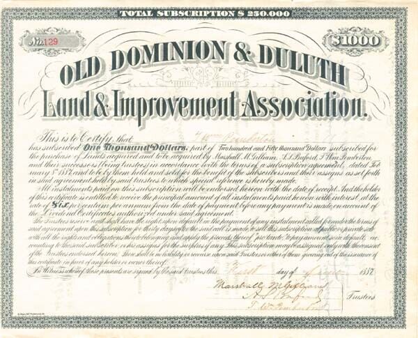 Old Dominion and Duluth Land and Improvement Association - $1,000 Bond (Uncancel